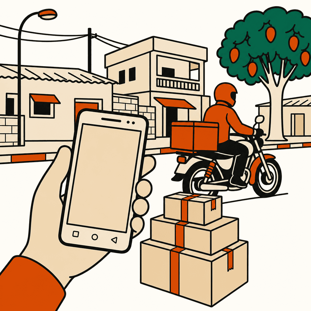 Une vendeuse tient son téléphone, ses colis attendent, le livreur part sur sa moto.